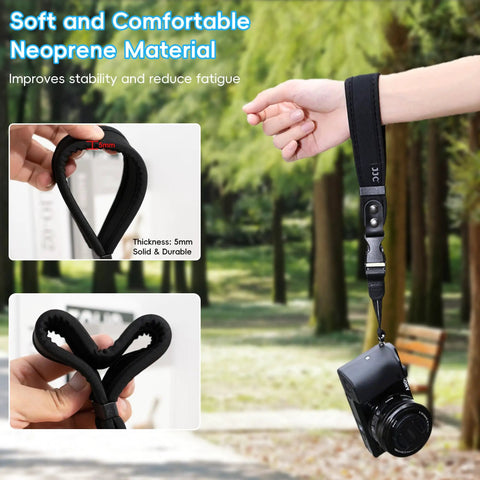 Quick Release Soft Neoprene Camera Hand Wrist Grip Strap for Lightweight DSLRs and Mirrorless Cameras in use.