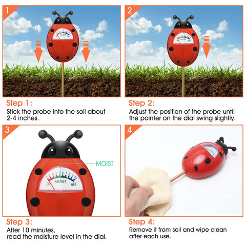 Instructional steps for using Soil Moisture Meter For Plants, Easy Watering Guide With Clear Reading Dial. Ladybug design.
