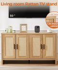 Rattan Buffet Cabinet With Storage Galore And Adjustable Shelves For Kitchen Living Room And Dining Room Farmhouse Modern Wood Sideboard Cupboard For Coffee Bar Station, shown as TV stand, 50" screen above.