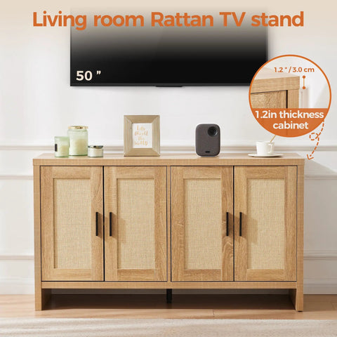Rattan Buffet Cabinet With Storage Galore And Adjustable Shelves For Kitchen Living Room And Dining Room Farmhouse Modern Wood Sideboard Cupboard For Coffee Bar Station, shown as TV stand, 50" screen above.