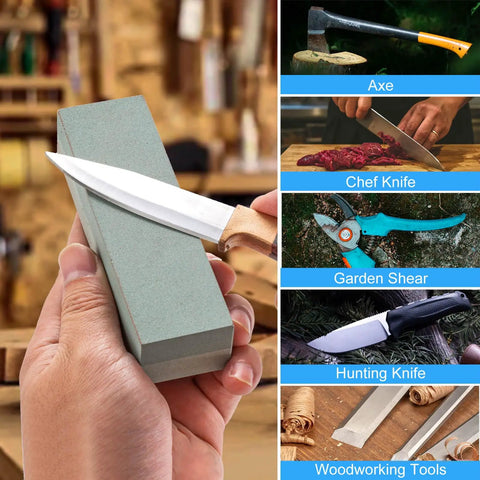 Hand using Portable Whetstone Knife Sharpener with Dual Grit 400/1000 for sharpening knife next to tools like axe and chef knife.
