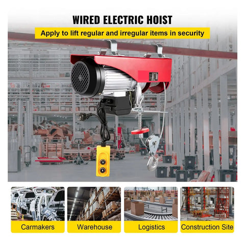Heavy Duty 800 Kg Electric Chain Hoist Winch With Remote Control For Forklifts Warehouses And Building Sites Plus High Power 1450 Watt Motor in warehouse setting.