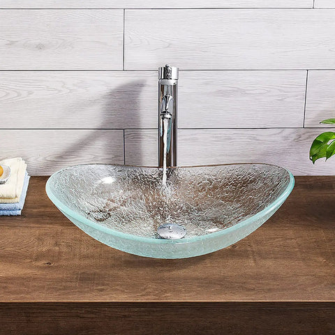 USZWBY Bathroom Vessel Sink Vanity Tempered Glass Vessel Bowl Sink Oval Transparent Countertop Sink Bowl Above Counter Sink Art Basin on wooden countertop.