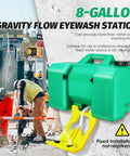 Heavy Duty Portable Eye Wash Station Featuring Eight Gallon Tank For Rapid Emergency Care No Plumbing Hassle Wall Mount Or Freestanding Setup Built Tough And Ready To Roll When You Need It Most, showing green tank with yellow foot pedals.