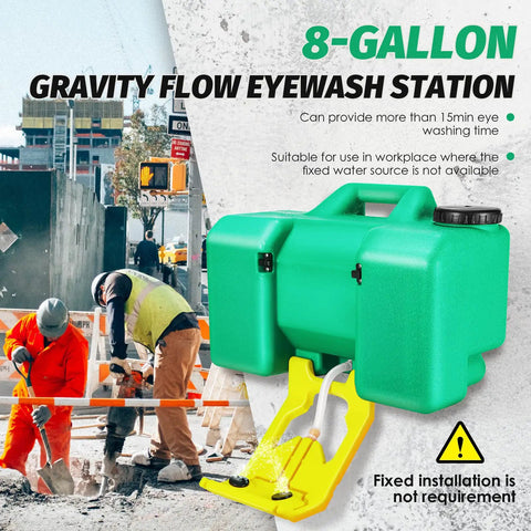 Heavy Duty Portable Eye Wash Station Featuring Eight Gallon Tank For Rapid Emergency Care No Plumbing Hassle Wall Mount Or Freestanding Setup Built Tough And Ready To Roll When You Need It Most, showing green tank with yellow foot pedals.