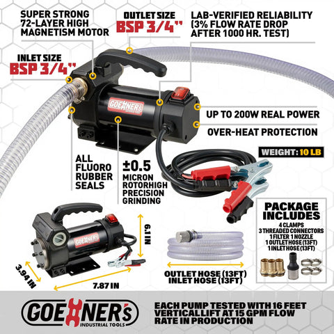 12V 15GPM Self Priming Fuel Transfer Pump Kit With Auto Off Nozzle And Hose Set For Diesel Kerosene Machine Oil And Transformer Oil Quick Transfer Leak Proof Filter Easy Plug In Setup with included accessories and specifications.