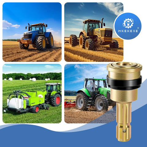 Beefed Up PTO Extender Adapter 1-3/8 Inch 6 Spline Quick Connect Male To Female Shaft Extension displayed with farm tractors.