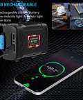 Ultra Bright LED Rechargeable Headlamp with 6 Modes IPX5 charging via USB and powering a smartphone, showing the battery pack and cables.