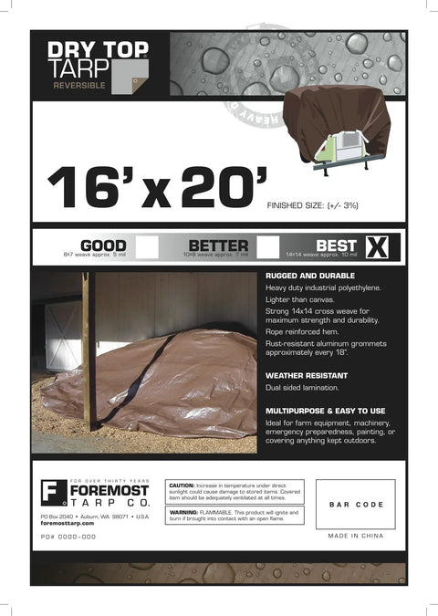 Heavy Duty Reversible Tarp 16 by 20 in Silver Brown, 10 Mil Polyethylene, Dry Top Finish, with grommets every 18 inches.