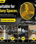Heavy Duty Industrial Floor Fan 35.8 Inch Brushless Drum Circulator on caster wheels in a spacious commercial setting.