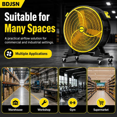 Heavy Duty Industrial Floor Fan 35.8 Inch Brushless Drum Circulator on caster wheels in a spacious commercial setting.