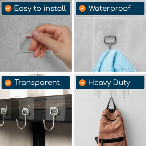 No Drill Adhesive Wall Hooks For Heavy Duty 22-Pound Capacity, clear hooks used in home settings, holding towels and bags