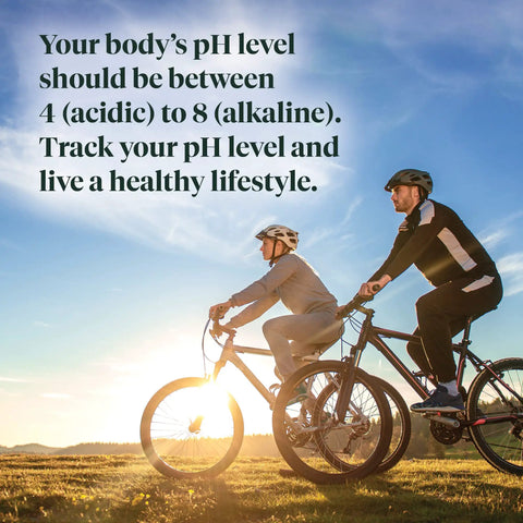 Two cyclists riding at sunset with text about maintaining a pH level between 4 and 8 for a healthy lifestyle