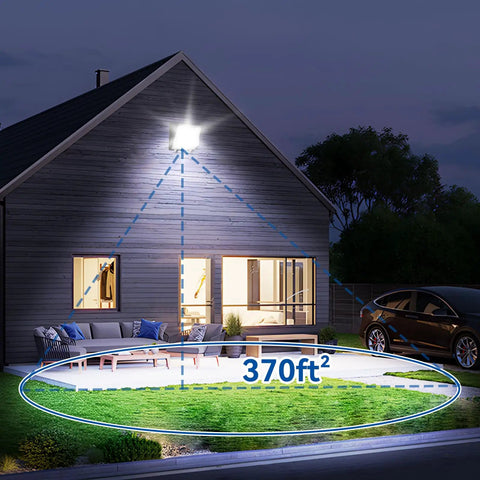 Heavy Duty Outdoor LED Wall Pack Light With Dusk To Dawn Photocell illuminating a house exterior and lawn, coverage area shown