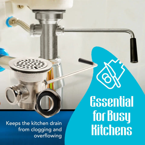 3 Inch Sink Drain Valve With Twist Handle Keeps Commercial Sinks From Overflowing Fits Three Compartment Sink Style Drains Controls Drain Stopper With Brass Reducer Included Built Tough Easy to Install Kitchen Accessory shown installed under a sink.