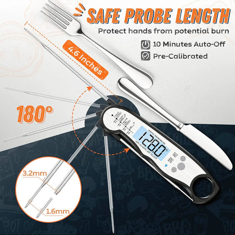 Waterproof Instant-Read Meat Thermometer With Backlight For Grilling And Cooking, 4.6-inch probe, safe handling.
