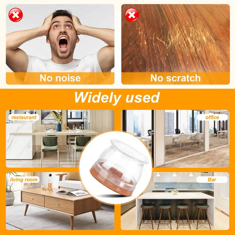 Straight Up Heavy Duty Chair Leg Protectors For Hardwood Floors, silicone felt caps shown in various settings, no scratches.