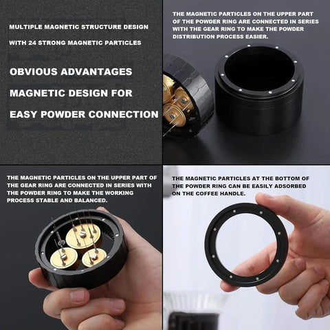 Top Tier 58 MM Espresso Distribution Tool With Ten Stainless Steel Coffee Distributor Needles For Bottomless Portafilters, showing magnetic structure.