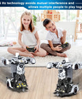 Children playing with RC Totally Transforming Car Robot For Kids One Button Deformation to Robot with remote control