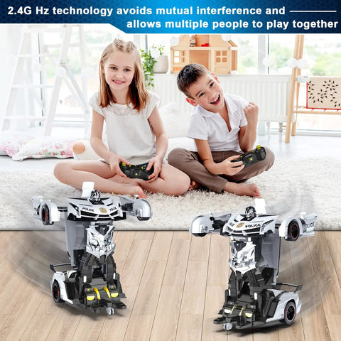 Children playing with RC Totally Transforming Car Robot For Kids One Button Deformation to Robot with remote control