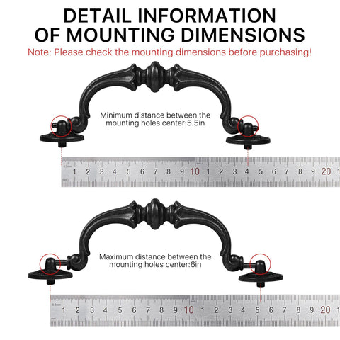 6 Pack Vintage Antique Black Drawer Pulls Handles With 5.5 Inch Hole Center And 6.7 Inch Total Length showing mounting dimensions
