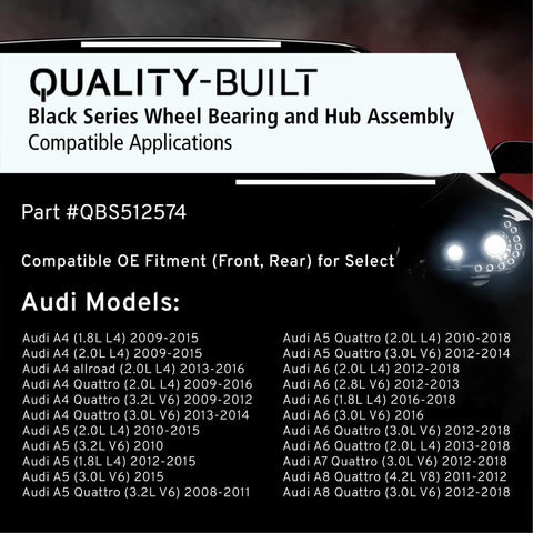 Chart of compatible Audi models for Heavy-Duty Front And Rear Wheel Bearing And Hub Assembly Plug-And-Play For 2008-2023