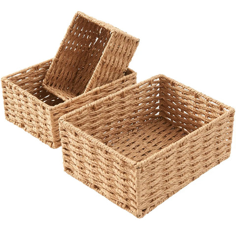 Set Of Three Small Wicker Baskets Low Key Perfect For Home Organization And Bathroom Decor With Durable Woven Storage Trays That Keep Your Space Tidy While Adding Cozy Rustic Vibes To Living Rooms Or Closets
