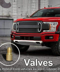 Brass fuel pressure tester valve adapter with knurled grip, close-up beside a red Ford pickup