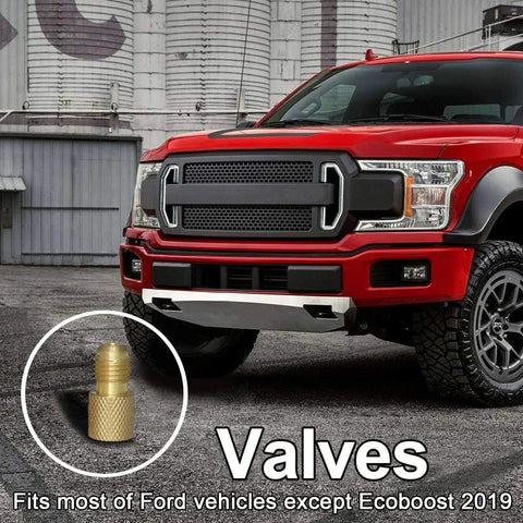 Brass fuel pressure tester valve adapter with knurled grip, close-up beside a red Ford pickup