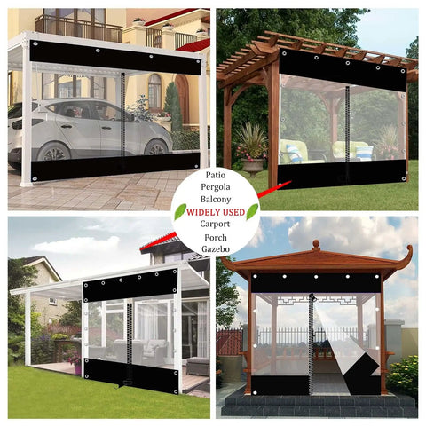 Slick Heavy Duty Clear Pvc Tarp Curtains With Zipper Side, Waterproof Panels For Gazebo Pergola, Reinforced Grommets And Nylon Rope, Kick Butt Storm Shield Cover, 11 X 8 Ft Rig in outdoor settings like patios and gazebos.