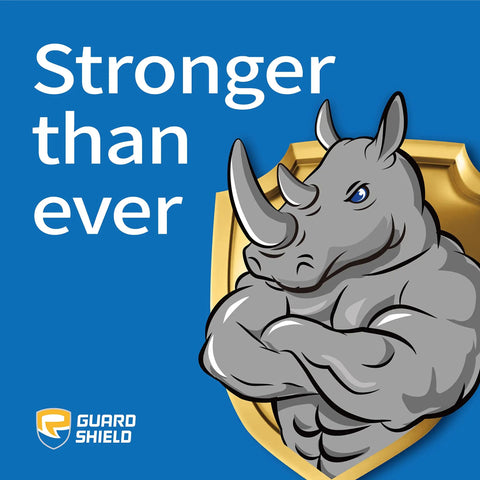 Illustration of a muscular rhino with a shield and the text 'Stronger than ever' by Guard Shield.