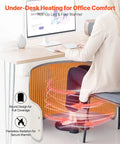 Under Desk Rollable Foot Warmer Pad With Remote in office setting, surrounding legs with gentle heat under desk.