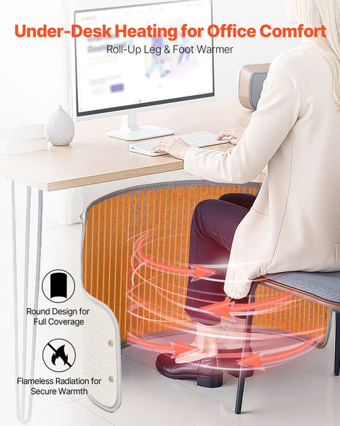 Under Desk Rollable Foot Warmer Pad With Remote in office setting, surrounding legs with gentle heat under desk.