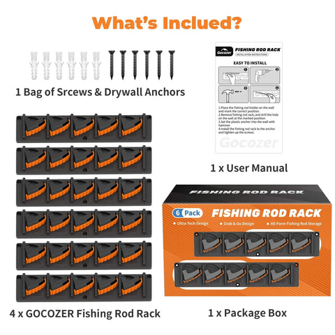 Box contents includes Six Pack Wall Mounted Fishing Rod Holder Rack With Dual Anti Slip Pads, screws, and manual.