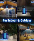 No-Fuss Indoor Outdoor Bug Zapper With LED Light shown on a balcony, indoor counter, greenhouse, and outdoor setting at night.