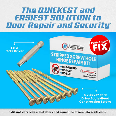 Easy DIY Stripped Screw Hole Repair Kit For Loose Door Hinges No Pre Drilling Or Glue Needed Includes Eight 3 Inch Torx Screws And 2 Inch Driver To Fix Sagging Doors Fast All You Need Is A Drill box with tools included