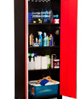 Heavy Duty 15 Piece Garage Cabinet Set Features Fully Welded Steel Shelves with red locker, tools, and cleaning supplies organized inside.