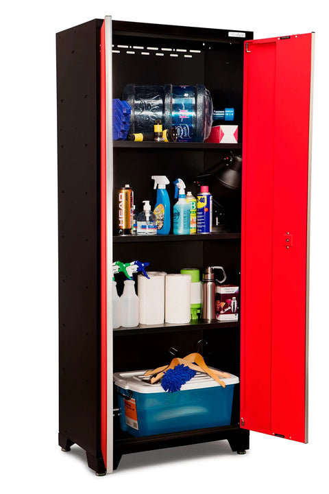 Heavy Duty 15 Piece Garage Cabinet Set Features Fully Welded Steel Shelves with red locker, tools, and cleaning supplies organized inside.