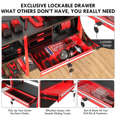 Power Tool Organizer Wall Mount With Locking Drawers Grinder Holder Hammer And Pliers Rack And 6 Outlet Charging Shelf
