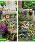 Solar Drip Irrigation System For Gardens And Balconies With 50 Feet Of Tubing Auto Watering Kit Supports Up To Fifteen Pots Indoor Outdoor Irrigation Vacation Free Plant Care With Simple Set It And Forget It Two Dial Controls shown in different settings: indoors, balcony, greenhouse, garden.