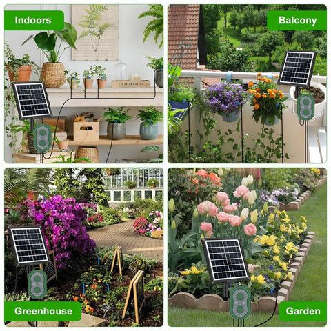 Solar Drip Irrigation System For Gardens And Balconies With 50 Feet Of Tubing Auto Watering Kit Supports Up To Fifteen Pots Indoor Outdoor Irrigation Vacation Free Plant Care With Simple Set It And Forget It Two Dial Controls shown in different settings: indoors, balcony, greenhouse, garden.