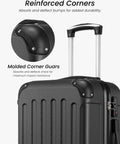 Close-up view of molded corner guards on black hardside luggage with telescoping handle.