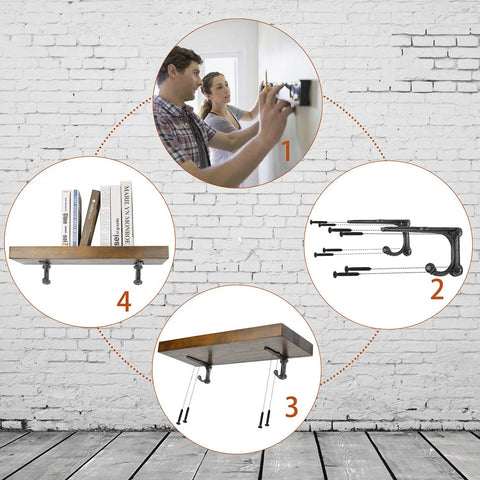 Heavy Duty 6 Inch Shelf Brackets With Hooks For Open Shelves Metal Vintage Farmhouse Style Open Shelf Supports Four Pack Durable Wall Mount Brackets For Sturdy Display And Storage installation guide with steps and assembled shelves