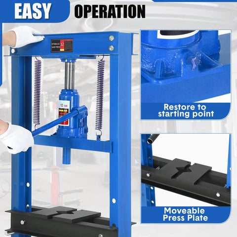 Top Shelf 12 Ton H Frame Hydraulic Press Shop Beast With Reinforced Stamping Plates For Serious Auto Repair Garage Builds And Metal Straightening Works showing easy operation with adjustable press plate.