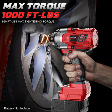 Badass Cordless Impact Wrench For Fast Car Tire Fixes Featuring Knockout Torque And Slick Four Speed Modes With Bright Built In Work Light Bare Tool Compatible With Milwaukee 18V Batteries in use on car tire.