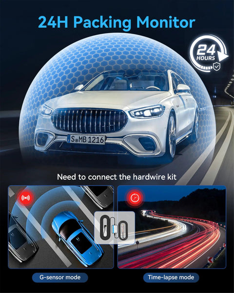 Car with Three Channel 4K Front Dash Cam With Interior And Rear 1080P Cameras Night Vision, showing 24-hour parking monitor.