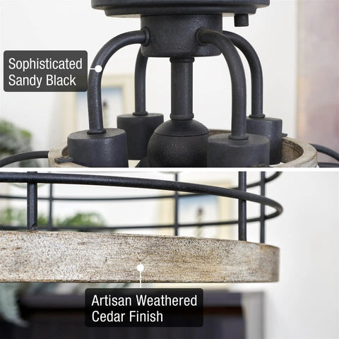 Close-up of Industrial Farmhouse 17 Inch 3 Light Pendant Chandelier with Cage Shade detailing cedar wood and black finish