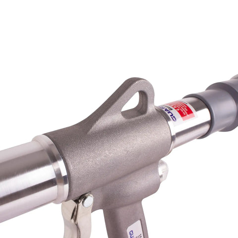 Close-up of Deluxe Pneumatic Gun Vacuum Cleaner Kit with 9-Inch Crevice Tool, showing handle and metal build, for quick cleanup.