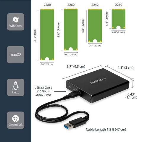 Dual Slot M.2 Sata Raid Enclosure Usb 3.1 10Gbps External Drive Holder dimensions and compatibility information.