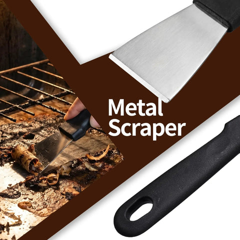Close-up of a metal paint scraper from the 9 Piece Heavy Duty Wire Brush Kit with stainless steel blade removing grime from a surface.
